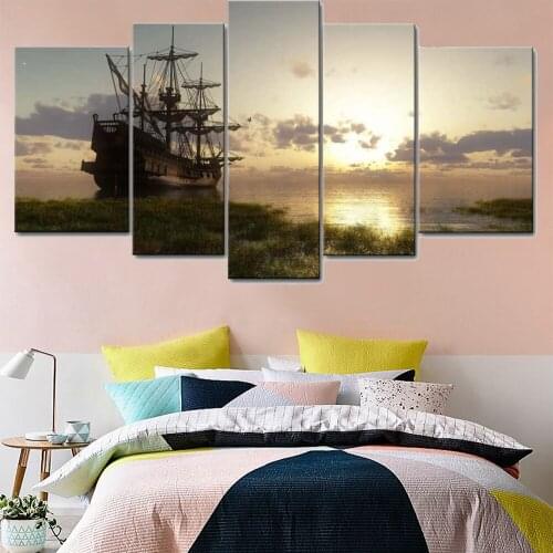 5 Pieces Wall Art Canvas Painting Nautical Pirate Ship Landscape Poster Picture Modern For Living Room Home Decoration Modular