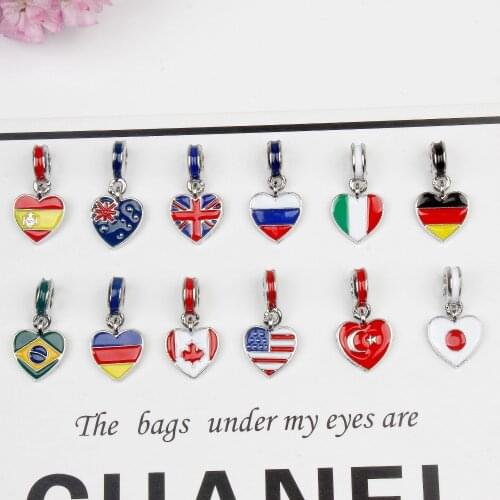 5PCS New National Flags Pendant Heart Spain Italy Russian US Flag Charms Fit DIY Berloque Bracelet Jewelry Accessories