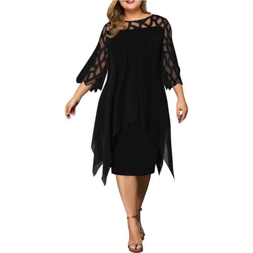 5XL 6XL Plus Size Womens Dress For Party 2021 Summer Mesh See Through Sleeve Chiffon Dress Black Irregular Bodycon Dresses