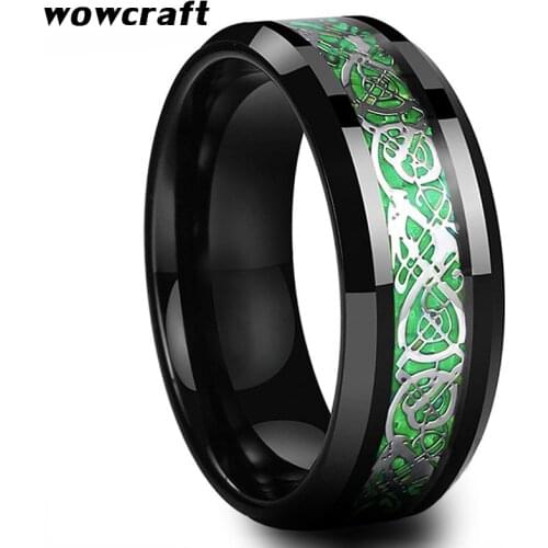 8mm Black Tungsten Wedding Band for Men Celtics Dragon Ring Green Carbon Fiber Inlay Polish Finish Beveled Edges Comfort Fit