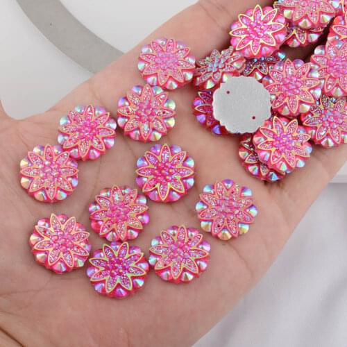 BOLIAO AB Color 15Pcs 18mm( 0.71in ) Flower Resin Two Hole Hot Pink Rhinestone Flatback Buttons Clothes Crafts DIY