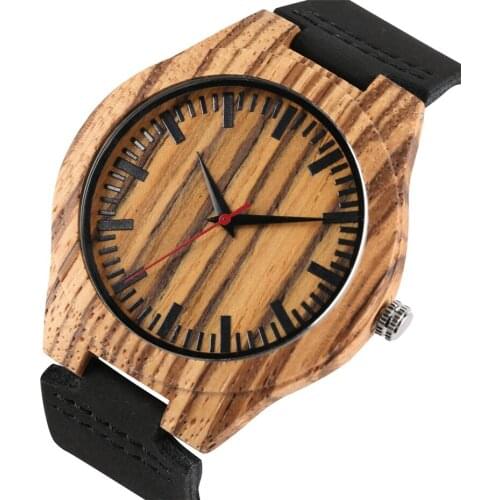 Clock Stripe Wooden Mens Watches Quartz Male Casual Sport Watch Man Black Soft Leather Strap Wristwatches Gifts 2019 New
