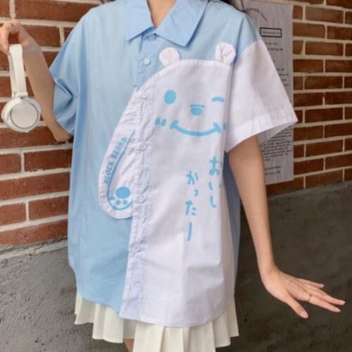 Deeptown Kawaii Bear Shirts for Women Korean Summer Cardigan Short Sleeve Blouse Funny Cute Tops Preppy Style Harajuku Clothes