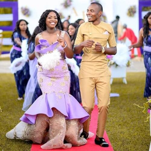 Purple Mermaid Evening Dresses with Gold Lace Appliques Formal Party Second Reception Gowns Africa First Dance Skirt