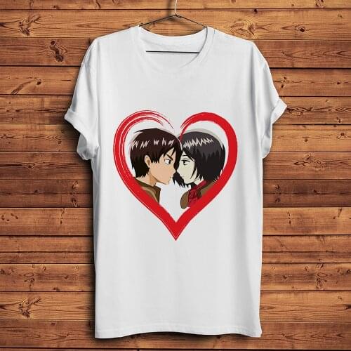 Eren kiss Mikasa Funny Anime t shirt Men Homme New White Casual Tshirt Unisex Attack on Titan Streetwear Kawaii Otaku Tee