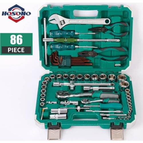 HOSOGeneral Household Car AUTO Repair Tool Kit with Plastic Toolbox Storage Case Socket Ratchet Wrench Screwdriver Hand Tool Set