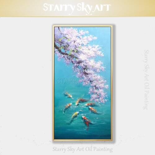 Artist Handmade High Quality Modern Wall Art Beautiful Flowers and Fishes Oil Painting on Handmade Animal 9 Carps Oil Painting