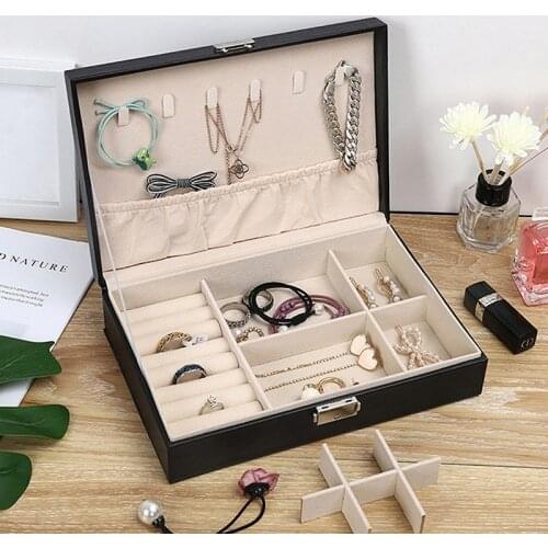 Leather Jewelry Box Double-Layer Wooden Case European Desk Organizer Display For Cosmetics Large Space Jewelry Box Women Gift