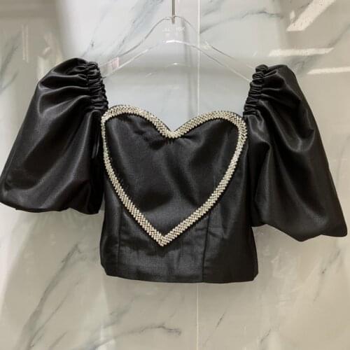 Crop Top Women Summer New Sexy Off-Shoulder Heart Shape Diamond Fashion Design Short Puff Sleeve Blouses and Shirts Lady Top