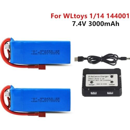 7.4V 3000mAh Lipo Battery T Plug with Balance Charger for WLtoys 1/14 144001 RC toys Car Upgrade Parts