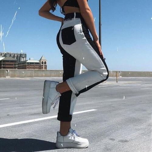 Fashion Women High Waist With Pockets Jeans Skinny Trousers Jeans Denim Pants Color Block Pockets