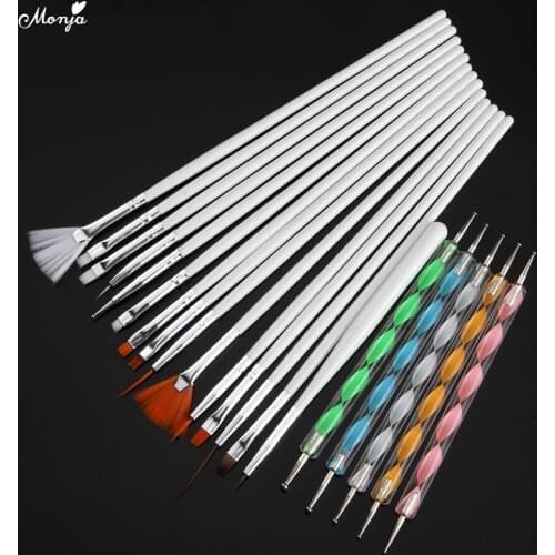 Monja 20Pcs/Set Nail Art Acrylic UV Gel Extension Builder Painting Pattern Drawing Brush Kit Rhinestone Bead Dotting Picking Pen