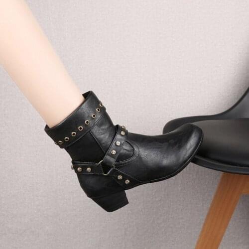 New 2020 Winter Women Boots Square Heel 5CM Leather Retro Rivet Block High Heels Ankle Boots Plus Size Botas Mujer