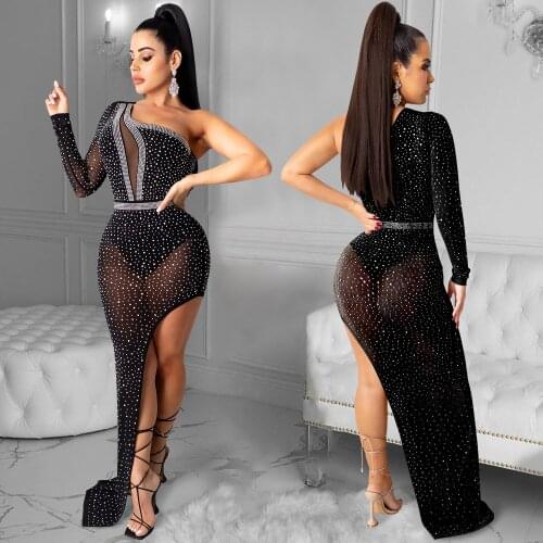 Echoine Sexy One Sleeve Off Shoulder Diamond Sheer Mesh See Through Dress Ladies Skinny Split Long Maxi Dresses Robe Party Club