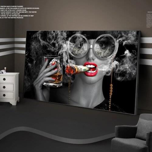Sexy red lips smoking money woman holding wine glass on canvas decorative painting wall art prints and prints Cuadros decoration