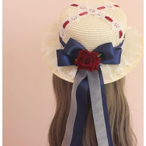 Tradescantia sillamontana Sweet Lolita Big Bow Straw Hat Headdress Soft Girl Gorgeous Bow Rose Lace Tea Party Flat hat Headwear
