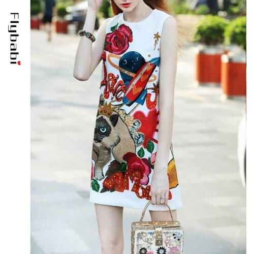 Animal cartoon high quality new fashion design Diamonds round O-Neck sleeveless a-line Above Knee,mini dress womens clothing