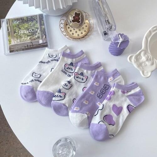 Japanese Fashion Women Cute Funny Short Low Cut Sports Casual with Print Fancy Cartoon Purple Bear Kawaii Cotton Socks for Girl