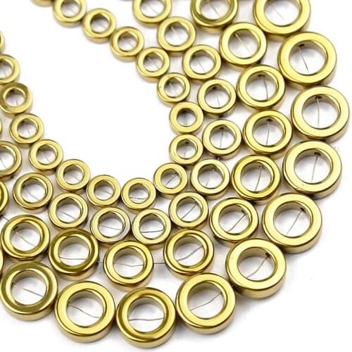 YHBZRET Natural Gold Circle Shape Hematite Stone Round Spacer Loose Beads for Jewelry Making Diy Bracelet Findings 8/10/12/14mm