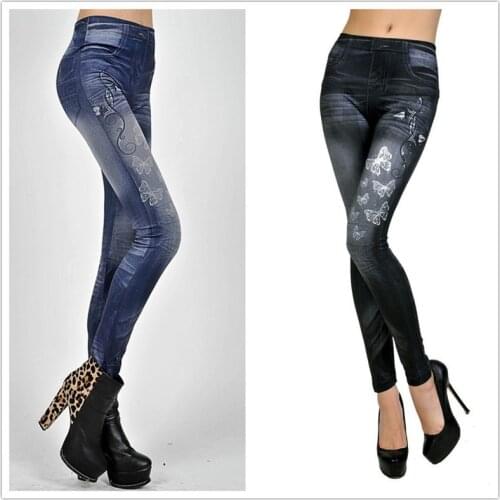 Womens Fitness Slim Leggings Fashion Value Butterfly Print Imitation Jeans Push Up Waist Womens Spring and Summer Tights