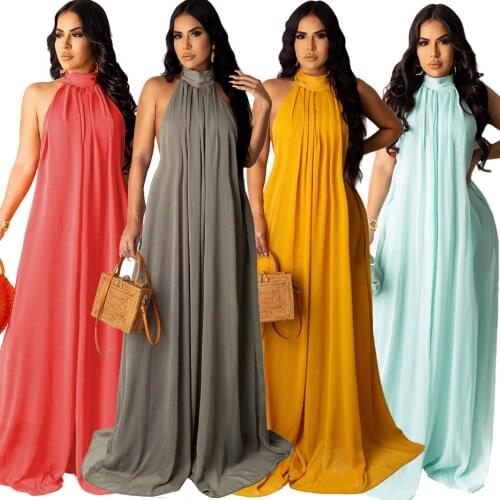 Women Chiffon Halter Backless Dress Loose Style Long Overalls Elegant Party Club Sexy Fashion Solid Color Dress 2021 New Dresses