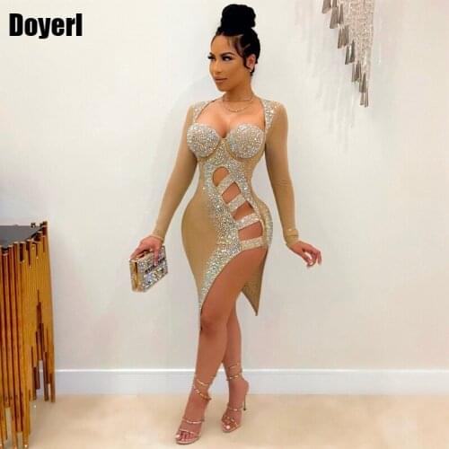Long Sleeve Sexy Bodycon Party Dress Women Elegant Hollow Out Rhinestone Sparkly Birthday Dress for Women Night Club Midi Dress