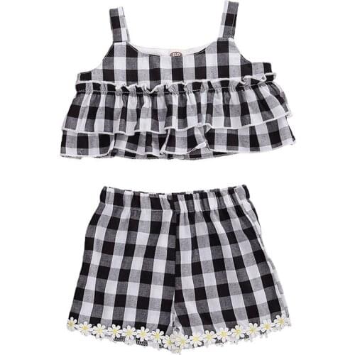 2Pcs/Set Sweet Baby Girls Outfit Summer Sling Strap Black White Plaid Sleeveless Ruffle Top + Lace Floral Set