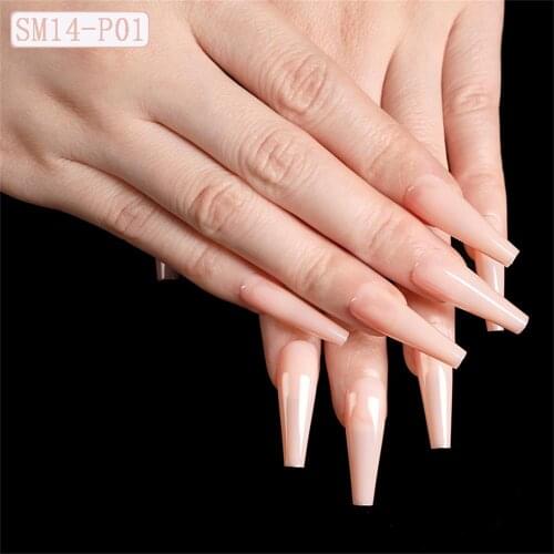 24Pcs/set Long Ballerina Coffin Fake Nails Natural Colorful Acrylic Press on Nails Glossy Square Head Nails Tips Charms