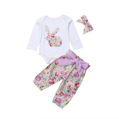 Free shipping 3Pcs Newborn Baby Girls Easter Long Romper Floral Bowknot Trousers Kids Outfits