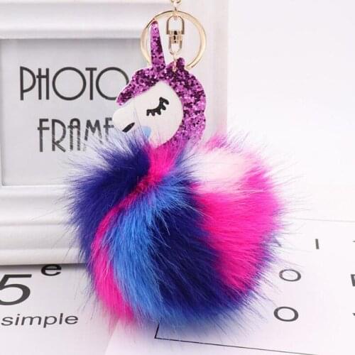 30Pcs/lot Wedding Suvenir Keyring Stripes Imitation Fox Fur Key Ring Leather Unicorn Key Chain Plush Bag Car Pendant For Men