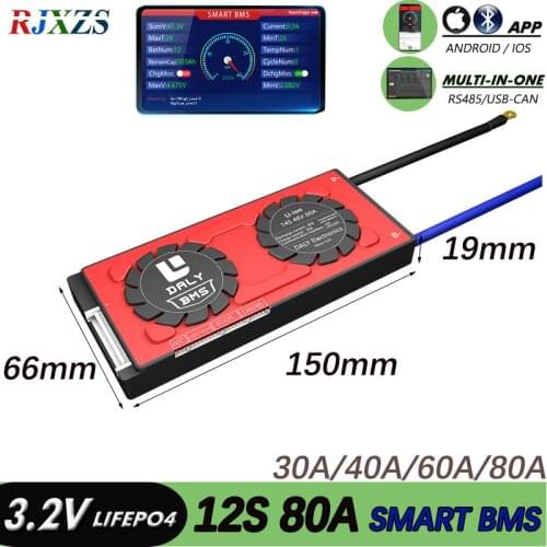 BMS 12S 60A/80A/40A/30A active bms LiFePO4 smart bms pcm with android bluetooth-compatible app UARTbms wi software (APP) monitor