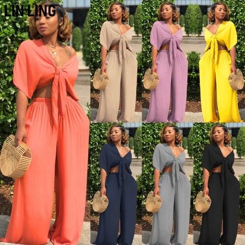 LINLING Bow Element Solid Color Sexy Bandage Deep V Loose Wide Leg Pants Large Size Two Piece Street Clothes
