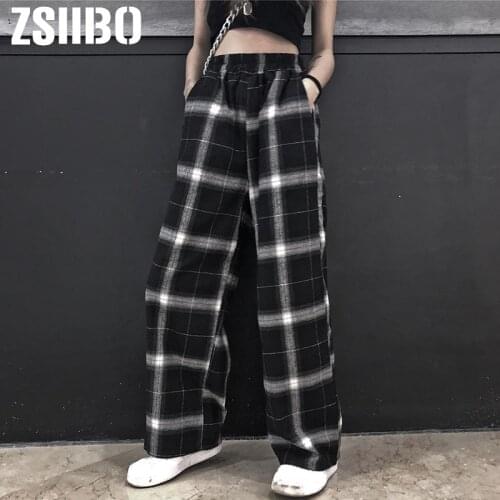 Gothic Women Pants Plaid Elastic High Waist Autumn Length Checkered Black and White Casual Loose pockets Wide Leg pants