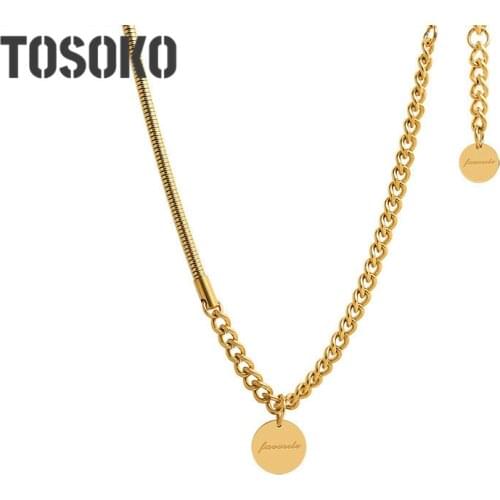 TOSOKO Stainless Steel Jewelry Round Brand Pendant Necklace Womens Link Chain Stitching Temperament Clavicle Chain BSP904