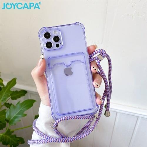 Wallet Card Holder Case For iPhone 12 11 Pro Max XR X XS 7 8 Plus SE Mini Candy Color Shockproof Bumper Soft Clear Lanyard Cover