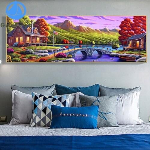 Rural wooden house landscape DIY Embroidery Diamond Painting Diamond Mosaic Full Square 5D round drill Bridge, natural scenery