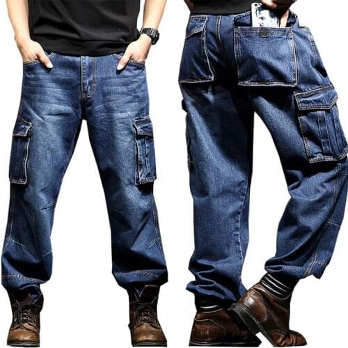 Jeans Men2019 summer Multi-pocket overalls Mens Black jeans Loose Straight large size 46 Wear-resistant jeans Biker jeans