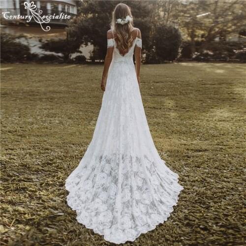 Boho Wedding Dresses for Women 2021 Off the Shoulder A-Line Bohemian Bride Dress with Slit Beach Bridal Gowns Robe De Mariee