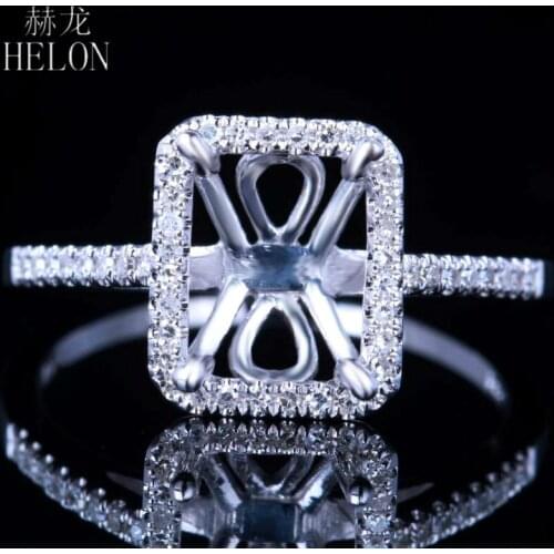 HELON Solid 10K White Gold Pave 100% Genuine Natural Diamonds Semi Mount Engagement Wedding Ring Setting Fit 6x8mm Cushion Cut