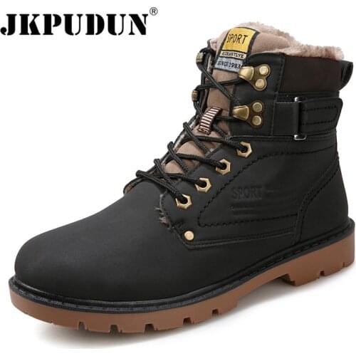 JKPUDUN Warm Winter Ankle Boots Men Casual Shoes Lace-Up Autumn Leather Waterproof Work Tooling Mens Boots Military Army Botas