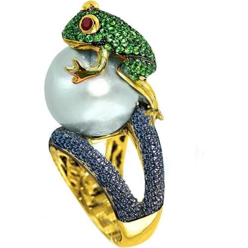 Creative Toad Frog Animal Ring 18K Gold Rings for Women Men Zircon Pearl Ring Party Cocktail Jewelry bagues pour femme Size 6-10