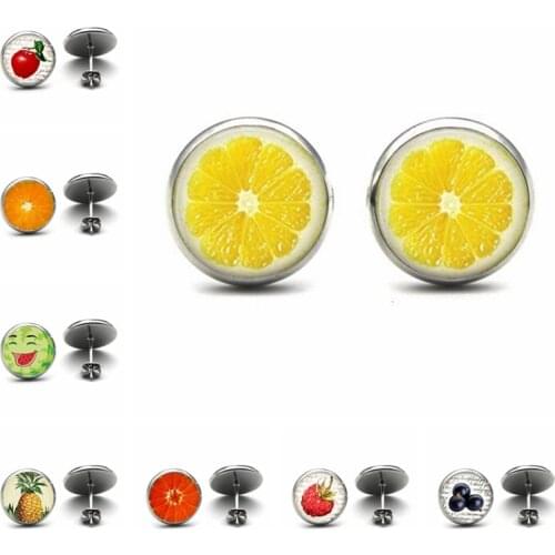 Lemon Slice Earrings Fashion fruit earring Cherry Ear Studs Red Stud Earring Fruits Jewelry Glass Cabochon Earrings Handmade