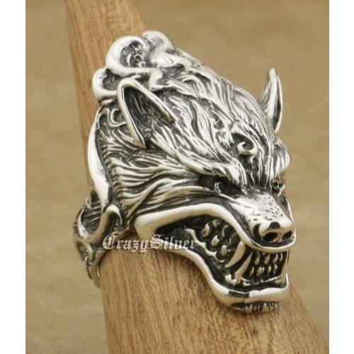 LINSION 925 Sterling Silver Werewolf Grinning Wolf High Details Mens Biker Rock Punk Ring TA21
