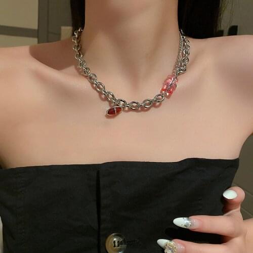 MENGJIQIAO Fashion Silver Color Metal Chain Choker For Women Girls Trendy Pink Sqaure Crystal Pendants Necklace Party Jewelry