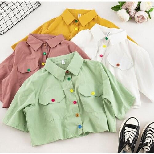 Sweet Button Shirt Female Short-sleeve Korean Summer Turn-down Collar Tops Casual Women Single-breasted Short Style Kawaii Shirt