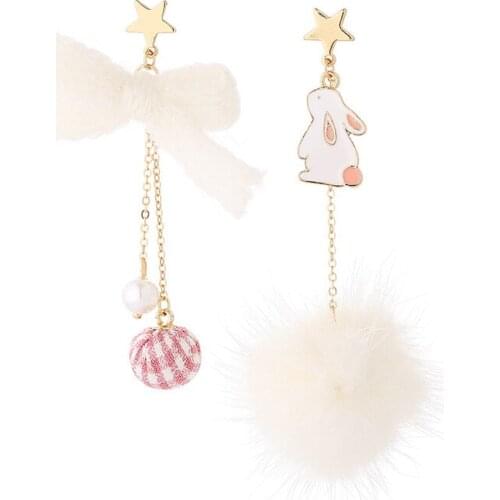Sweet girl heart pink asymmetric earrings woman cute rabbit hair ball butterfly jewelry girlfriends lover gift souvenir