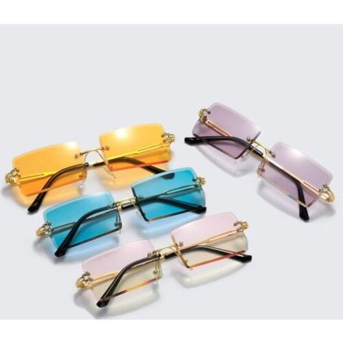Fashion Rimless Square Sun Glasses Ladies Frameless Eyeglasses Clear Blue Yellow Shades For Women Small Rectangle Sunglasses