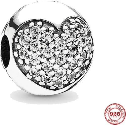 New 925 Sterling Silver Bead Clear Pavé Heart Clip Charm DIY fine beads Fit Original Pandora Charms Bracelet Jewelry 2021