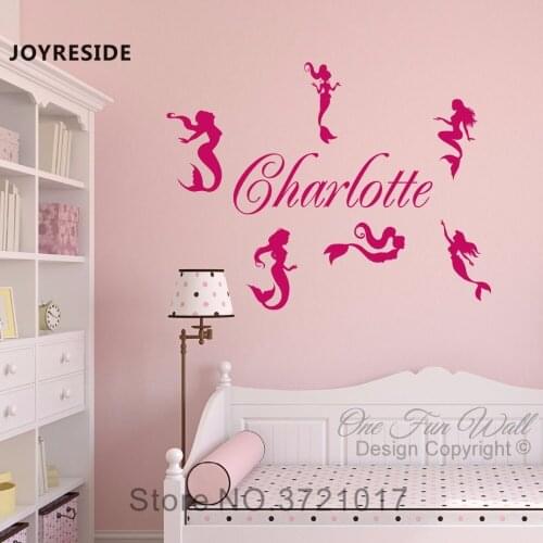Mermaids Sea Wall Decals Custom Girls Name Home Bedroom Decor Ocean Style Vinyl Wall Sticker Art Design Personalized Name M057