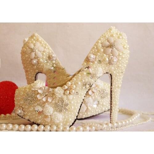 14cm High-heel Platform Shoes Flower pearl wedding shoes formal dress shoes crystal womens banquet single dress shoes plus size